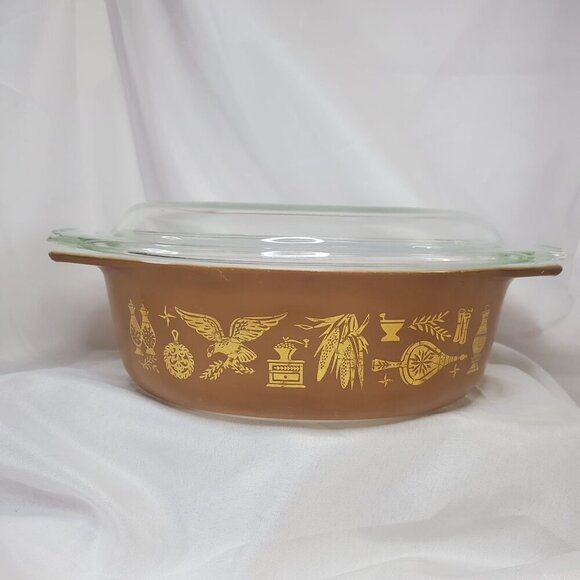 Pyrex Other - Vintage Early American Pyrex 043 1.5 Qt Oval Casserole Dish W/ Lid Brown & Gold